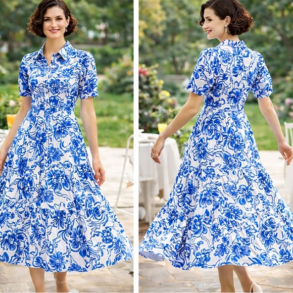 Crown & Ivy, Blue Floral Button Front Puff Sleeve, Shirt Dress,Pockets, Size M/L - Picture 8 of 16